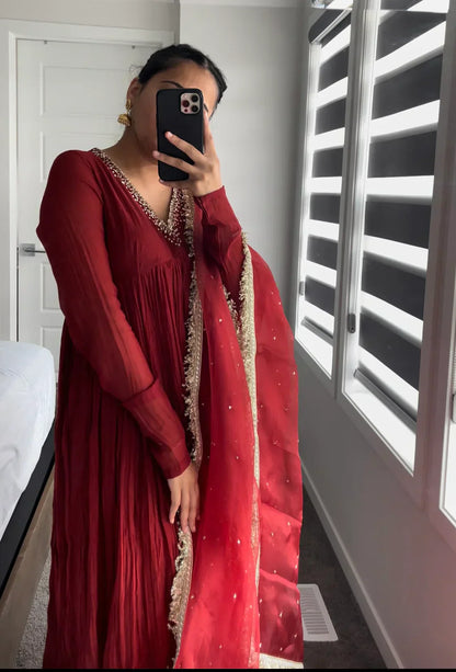 Mul Cotton Hand Work Anarkali with Churi Sleeves Set of 3