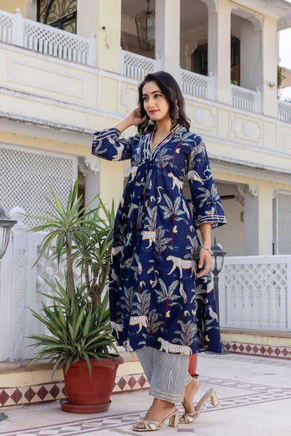 Green and Blue Hand Block Tiger Print Cotton Kurta Set